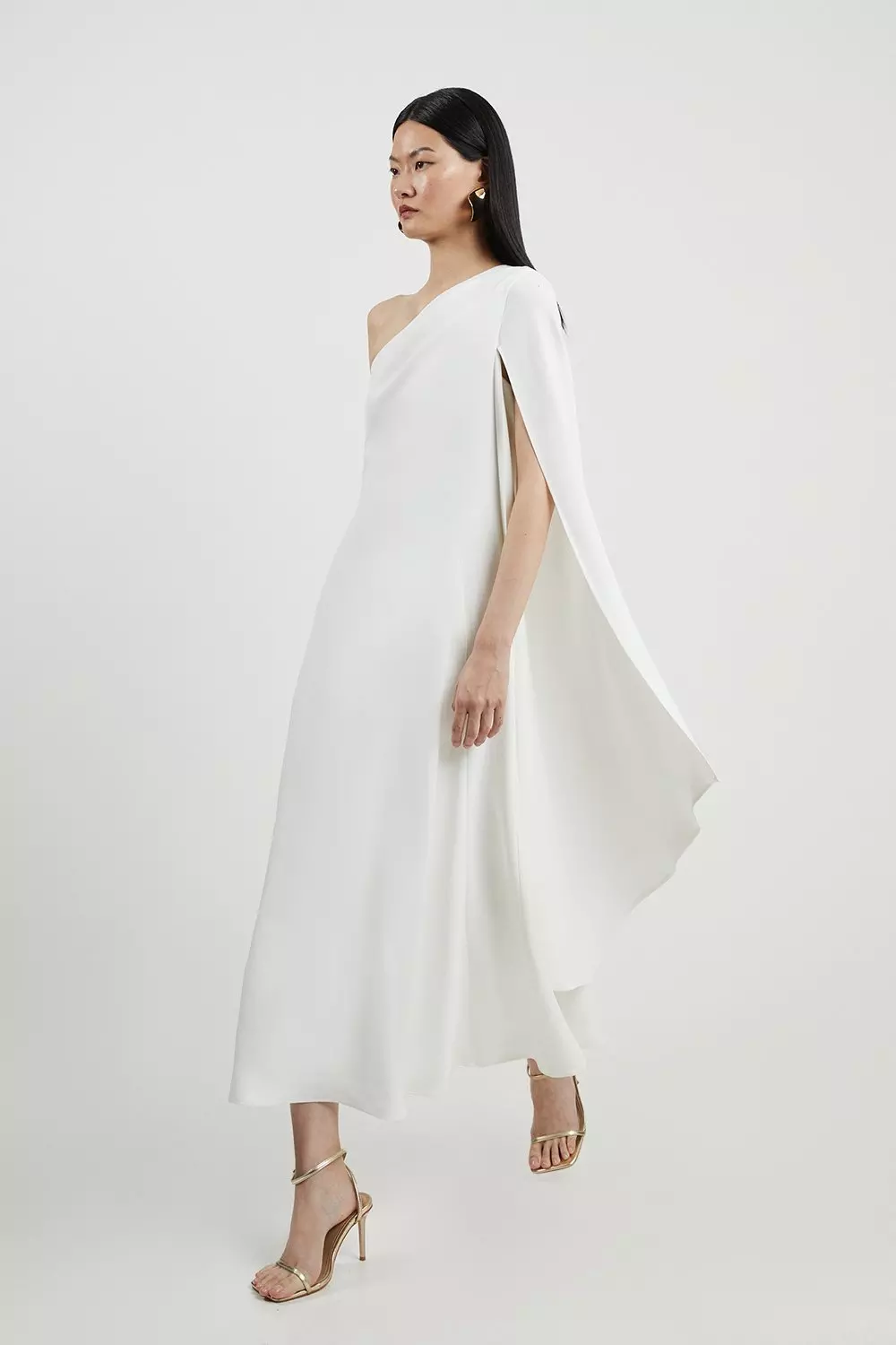 Satin Back Crepe One Shoulder Drape Sleeve Maxi Dress