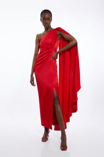 Red Satin Back Crepe One Shoulder Drape Sleeve Maxi Dress