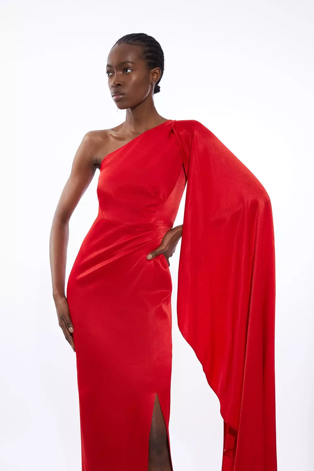 Satin Back Crepe One Shoulder Drape Sleeve Maxi Dress