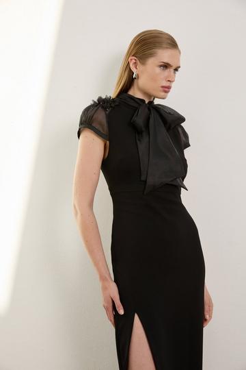 Black Petite Organza Petal Applique Woven Tie Neck Midi Dress
