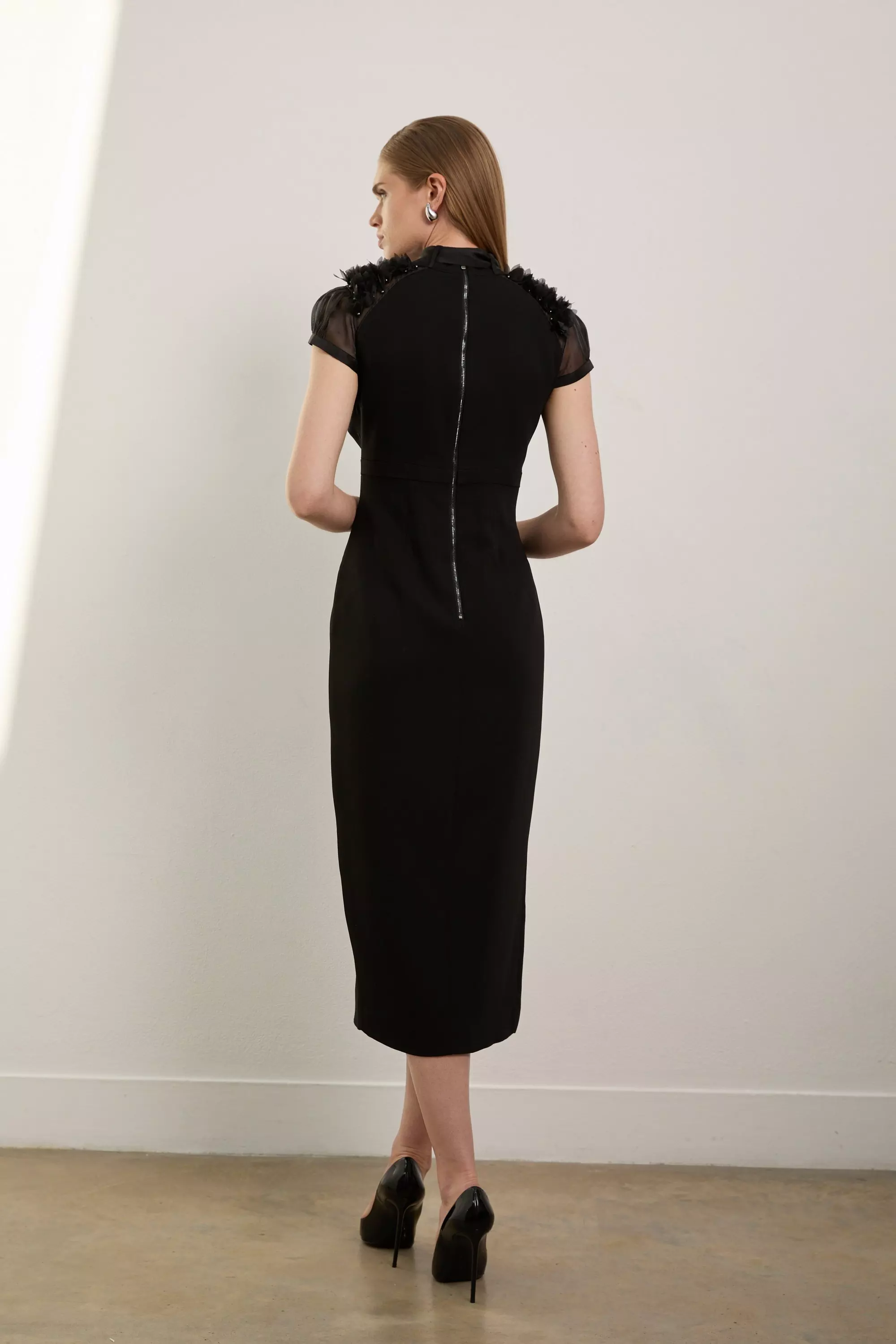The Founder Petite Organza Petal Applique Woven Tie Neck Midi Dress Karen Millen