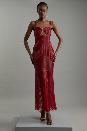 Red Petite Premium Embellished Draped Beaded Strappy Midi