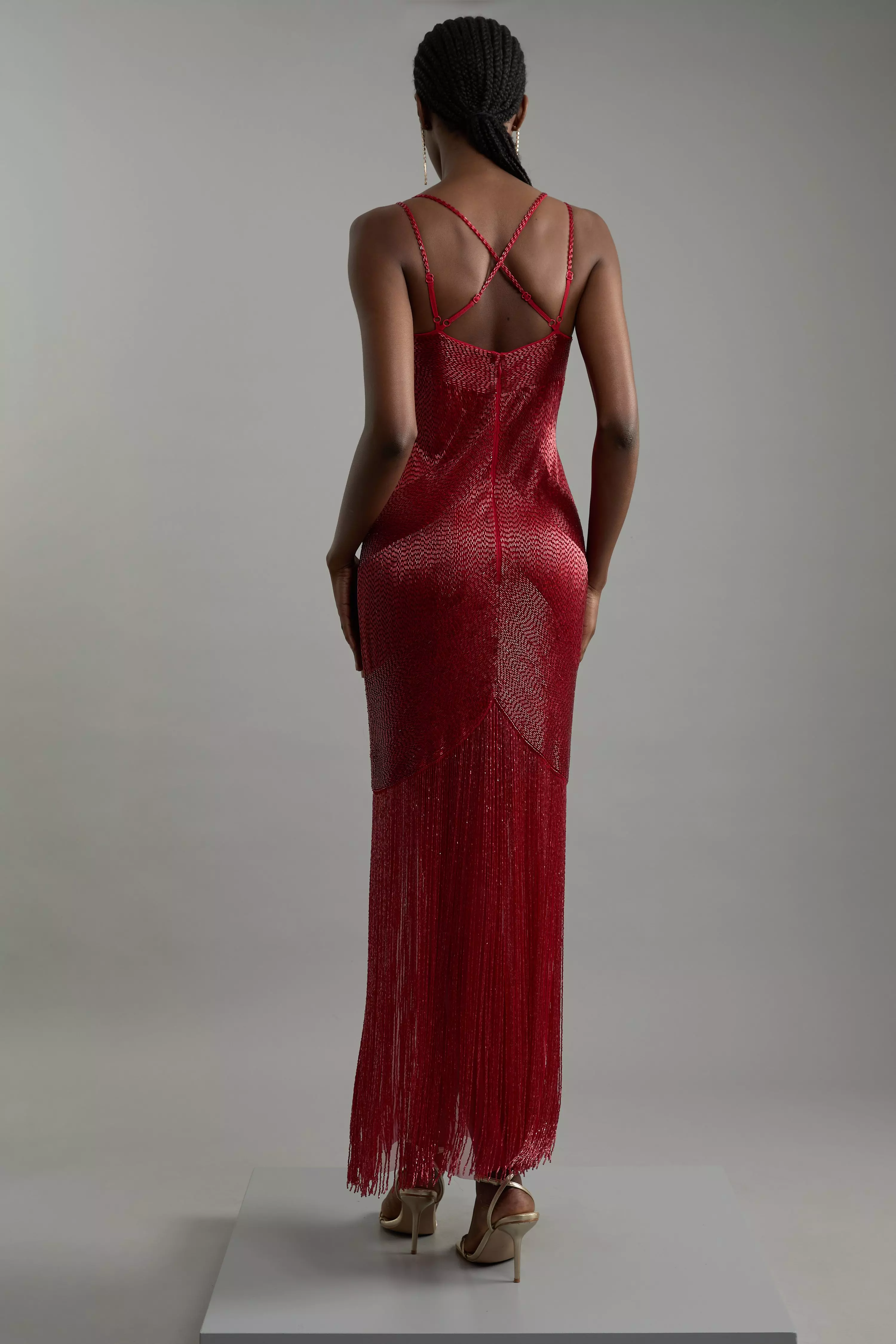 Petite Premium Embellished Draped Beaded Strappy Midi