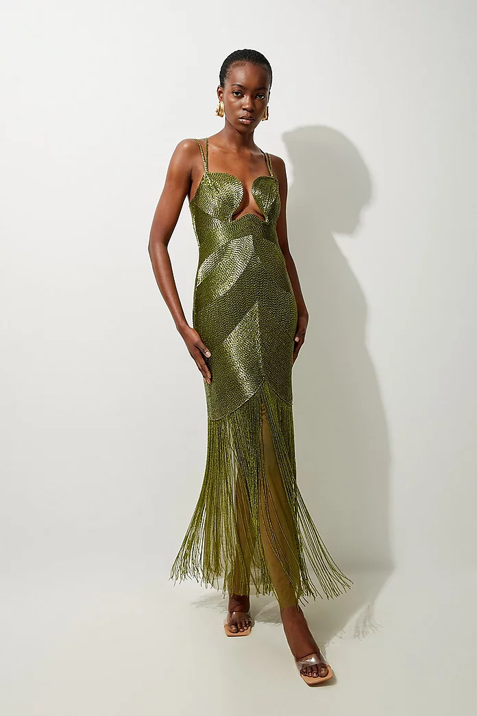 Premium Embellished Draped Beaded Strappy Midi Dress | Karen Premium Embellished Draped Beaded Strappy Midi Dress | Karen