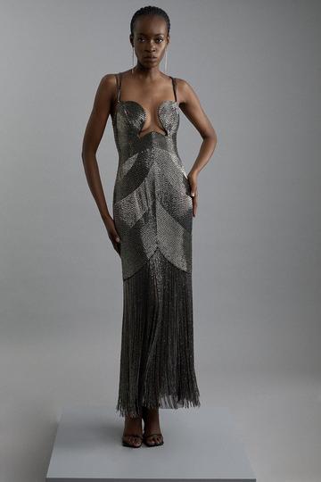 Premium Embellished Draped Beaded Strappy Midi pewter