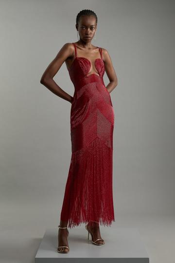 Premium Embellished Draped Beaded Strappy Midi red