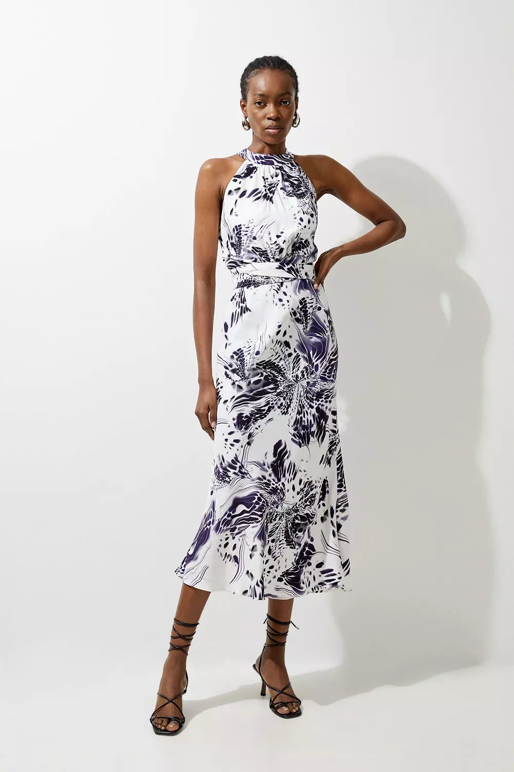 Petite Abstract Floral Satin Woven Halter Midi Dress Karen Millen