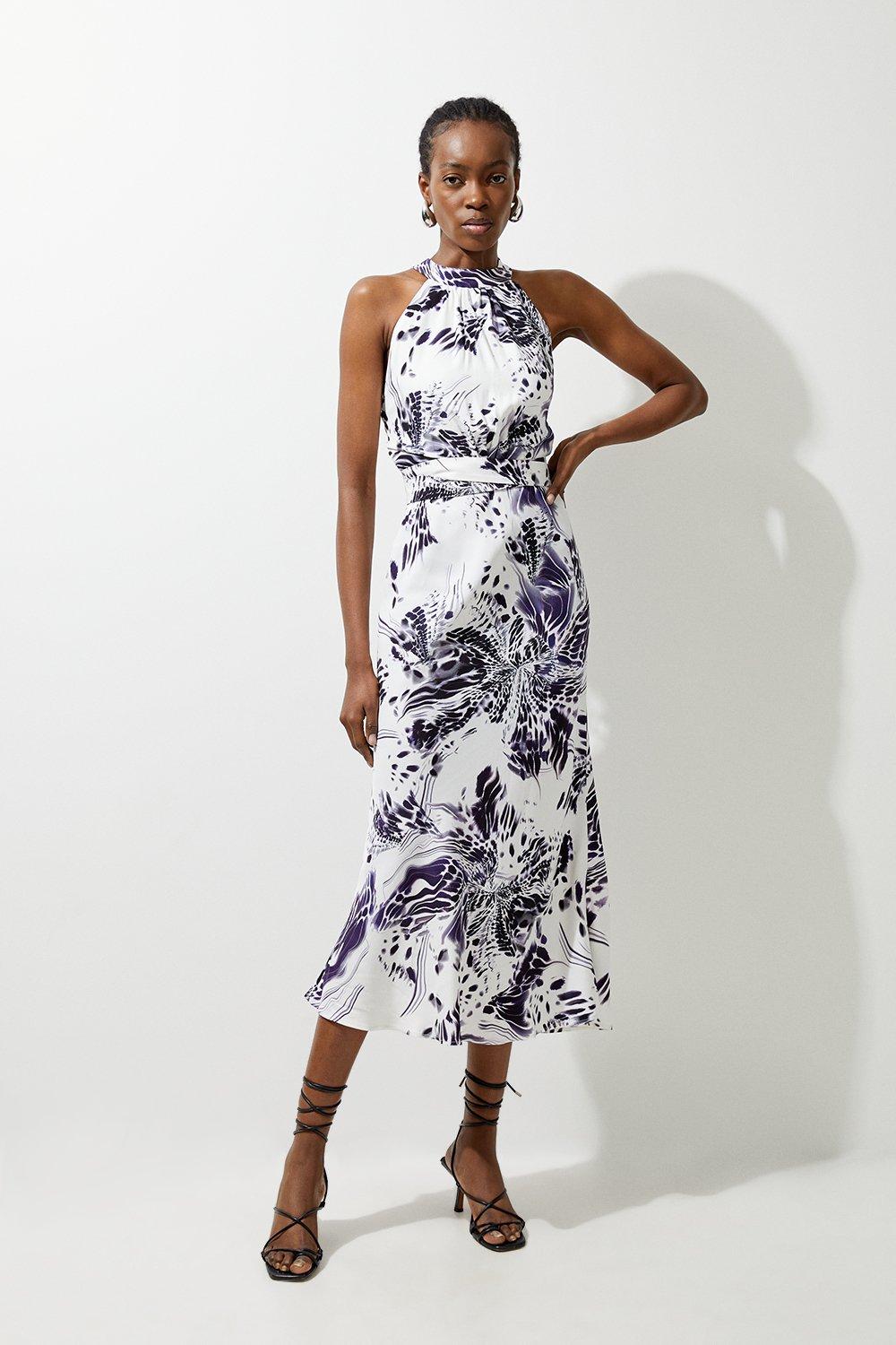 Abstract Floral Satin Woven Halter Midi Dress | Karen Millen