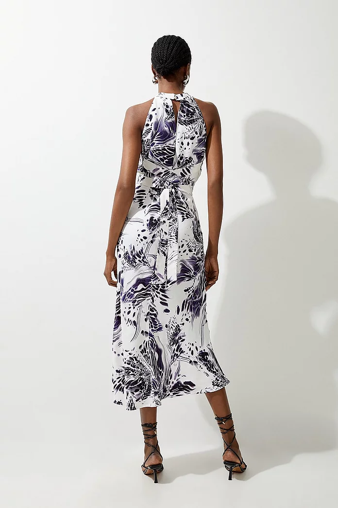 Abstract Floral Satin Woven Halter Midi Dress | Karen Millen Abstract Floral Satin Woven Halter Midi Dress | Karen Millen
