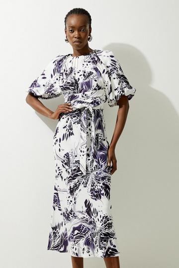 Purple Abstract Floral Satin Woven Midi Dress