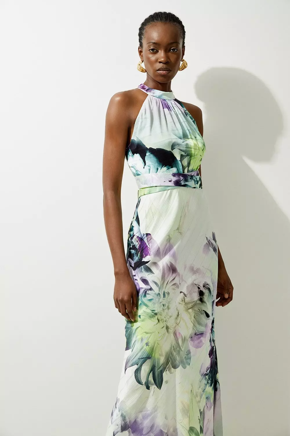 Blue Spring Floral Hammered Satin Woven Halter Midi Dress alternative image
