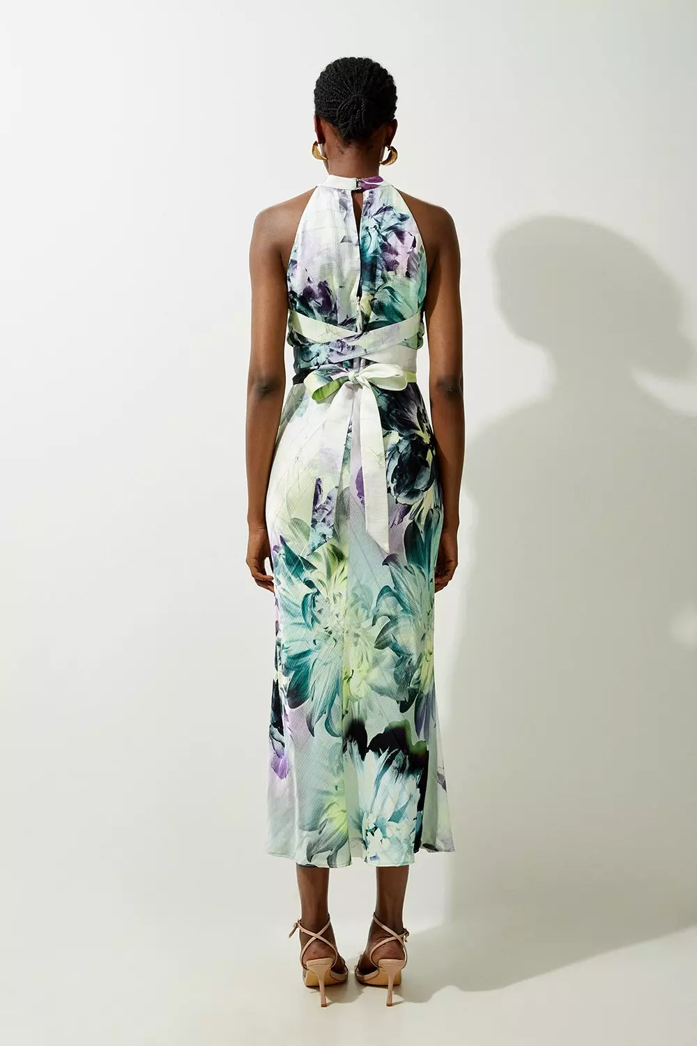 Blue Spring Floral Hammered Satin Woven Halter Midi Dress alternative image