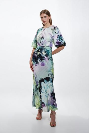 Tall Spring Floral Printed Hammered Satin Woven Midi Dress blue