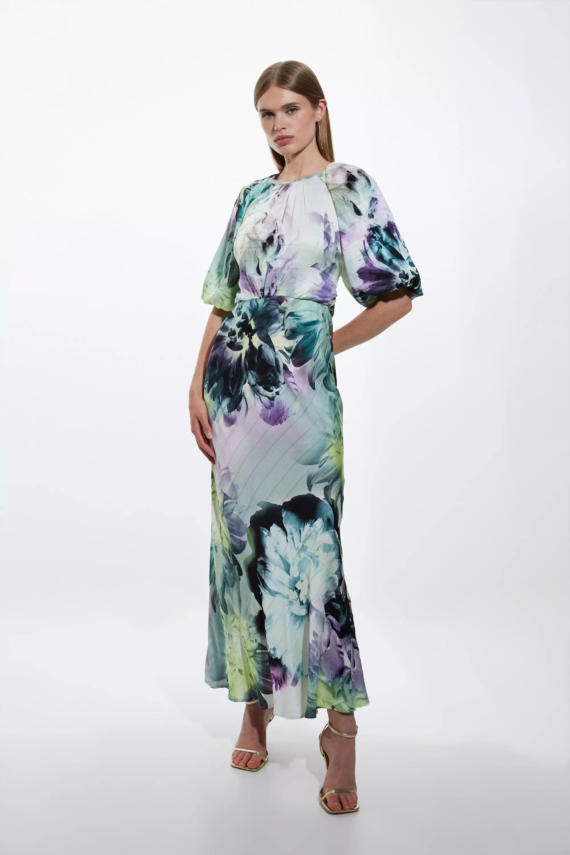 Tall Spring Floral Printed Hammered Satin Woven Midi Dress
