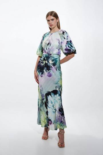Blue Spring Floral Printed Hammered Satin Woven Midi Dress