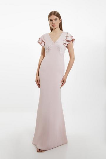 Blush Pink Petite Satin Ruffle Sleeve Maxi Dress