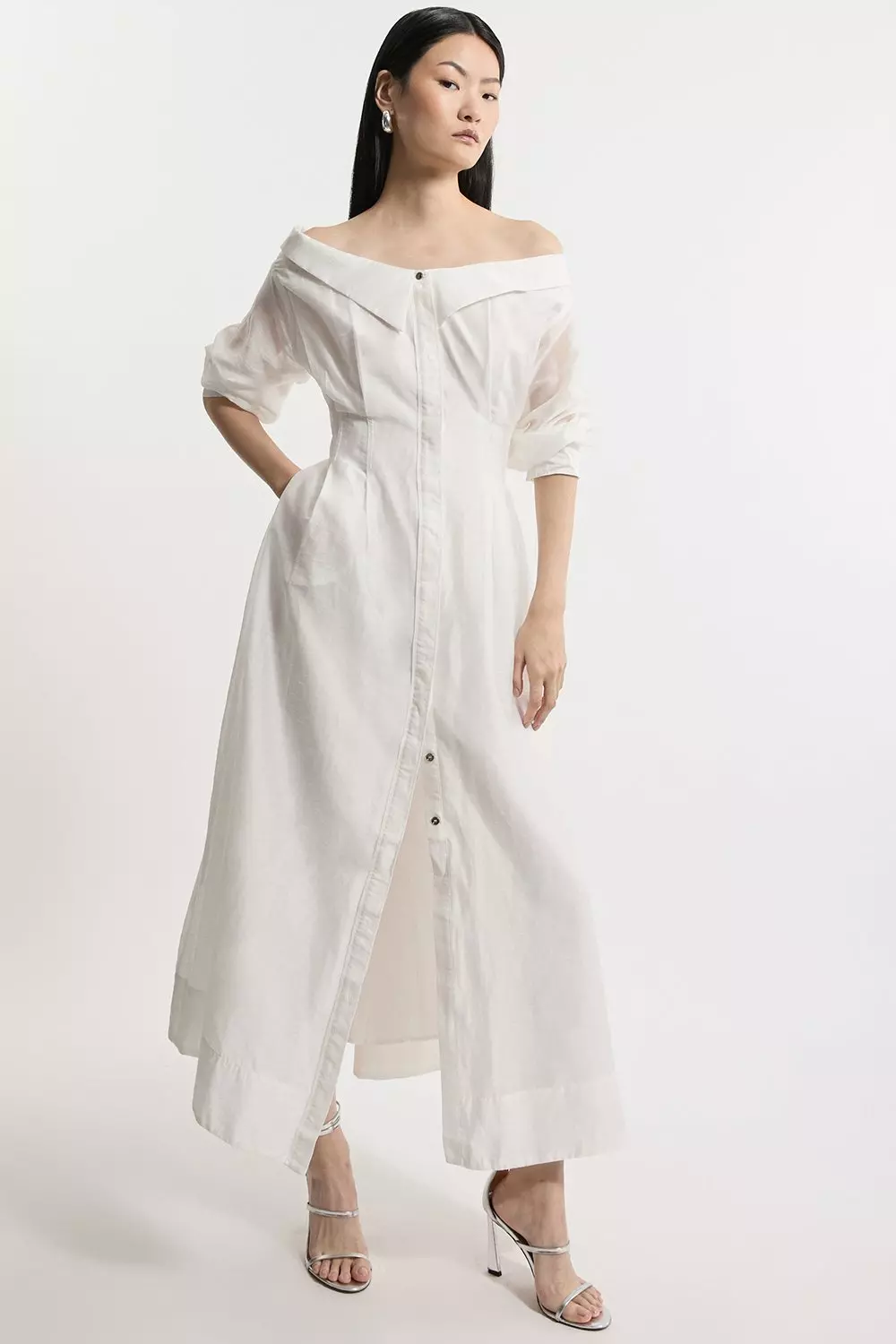 ★Karen Millen★コットントップステッチミディシャツドレス Petite Poplin Dropped Shoulder Woven Shirt Dress | Karen Millen