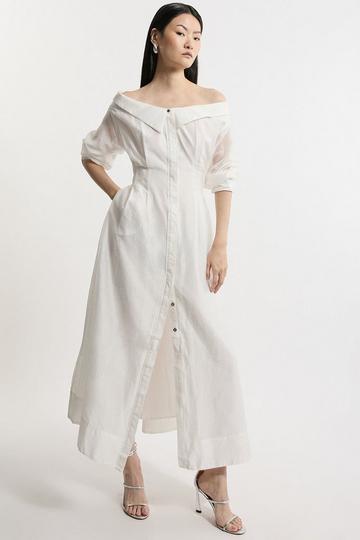 White Organdie Dropped Shoulder Woven Shirt Dress