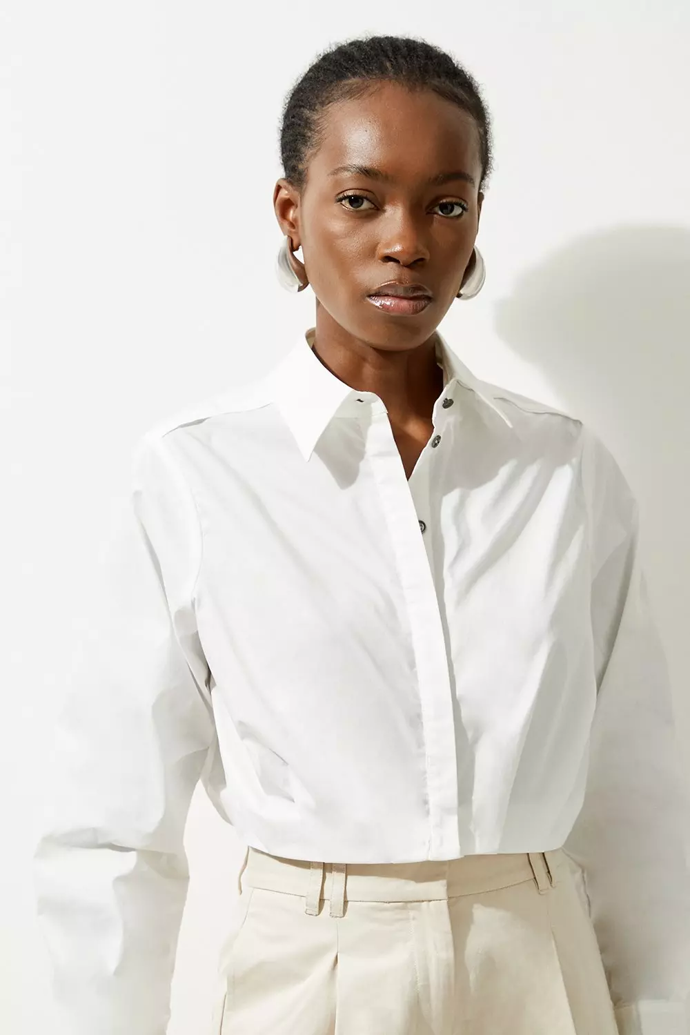 White Cropped Long Sleeve Woven Shirt alternative image