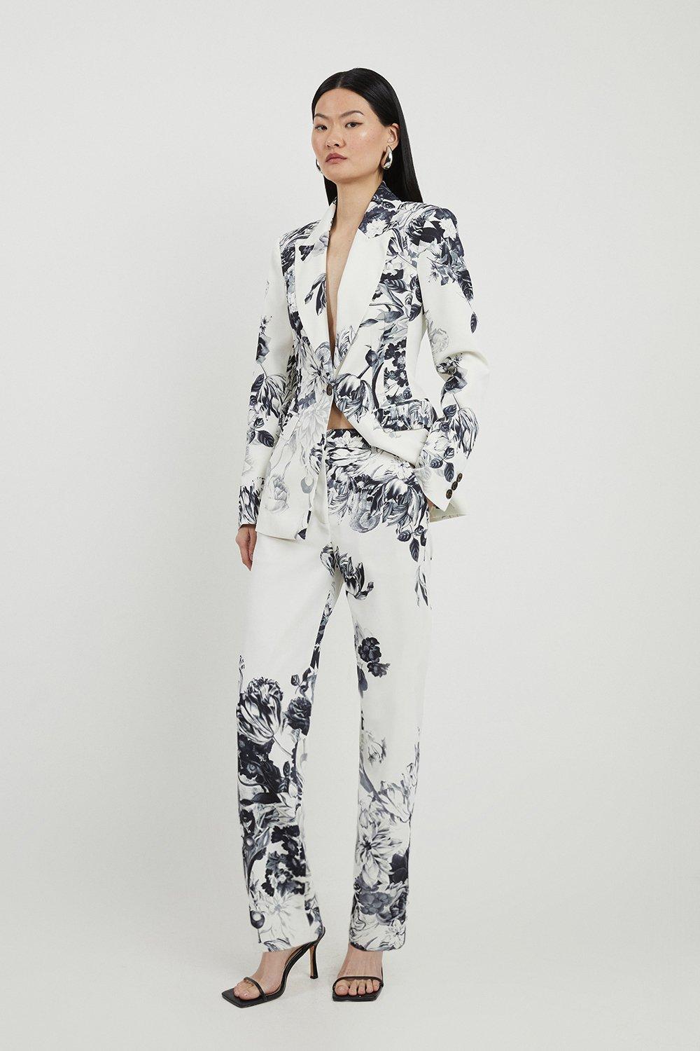 Petite Tailored Crepe Mono Floral Slim Leg Dress Pants