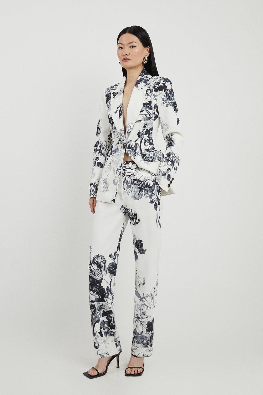 Tailored Crepe Printed Mono Floral Slim Leg Tailored Pants