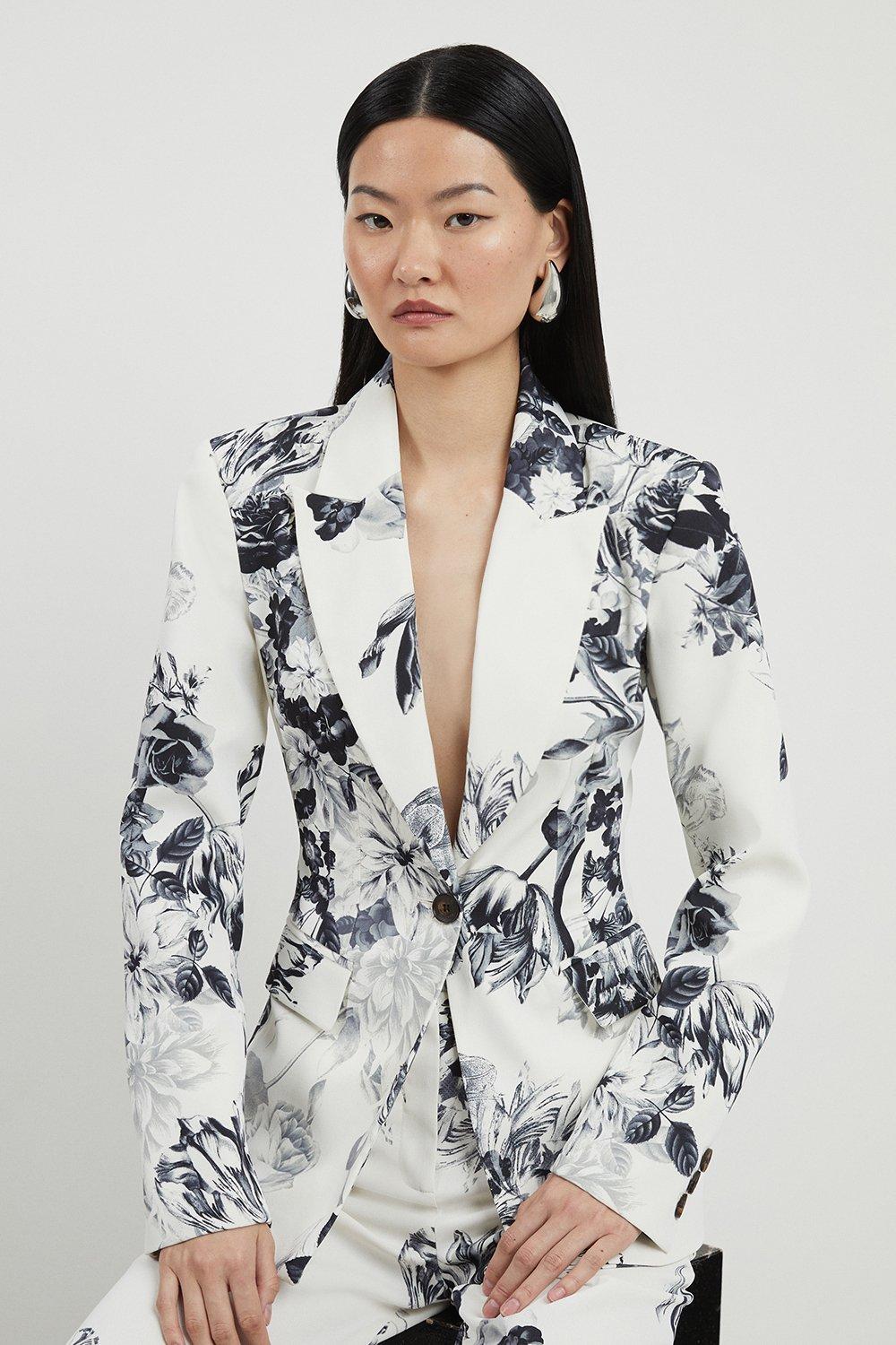 Petite Tailored Crepe Mono Floral Single Breasted Blazer