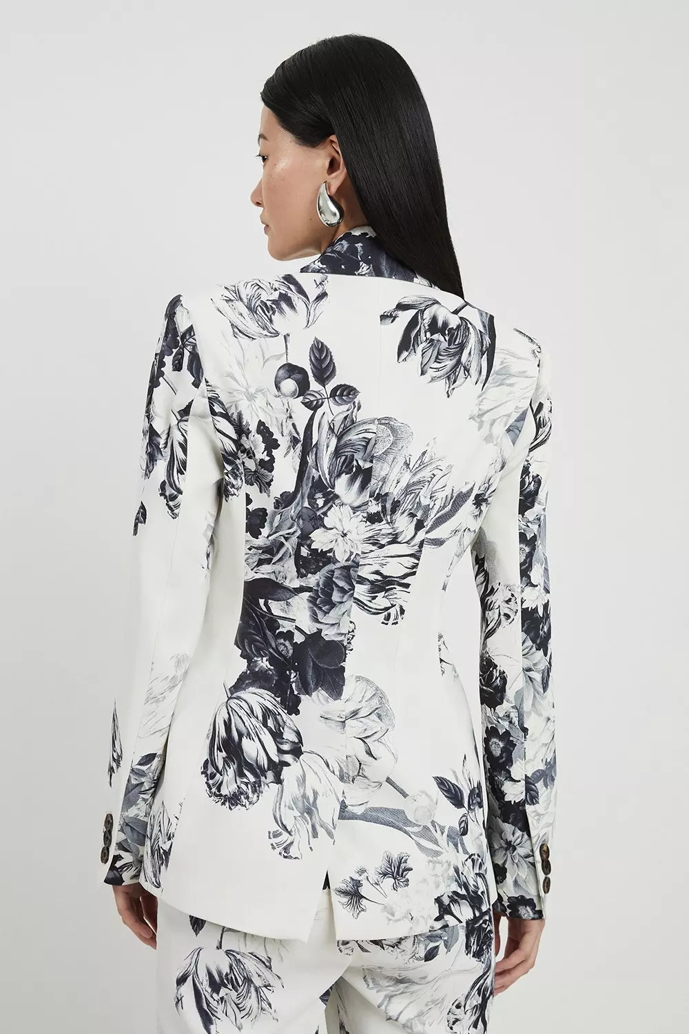 Petite Tailored Crepe Mono Floral Single Breasted Blazer