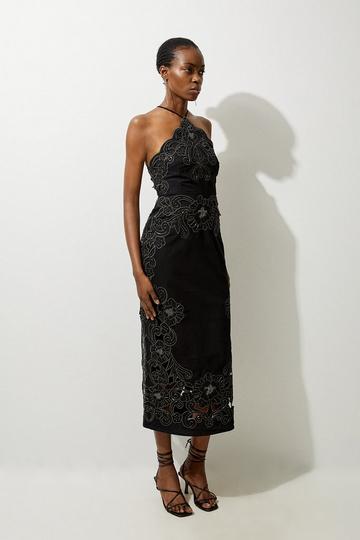 Black Cotton Quilted Cutwork Beaded Woven Halter Midi Dress