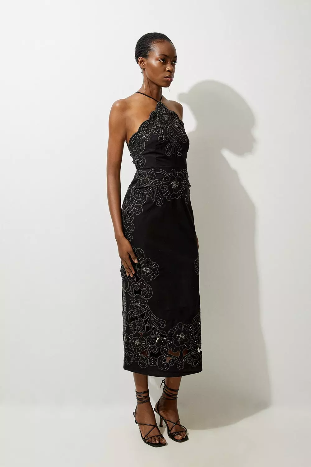 Cotton Quilted Cutwork Beaded Woven Halter Midi Dress