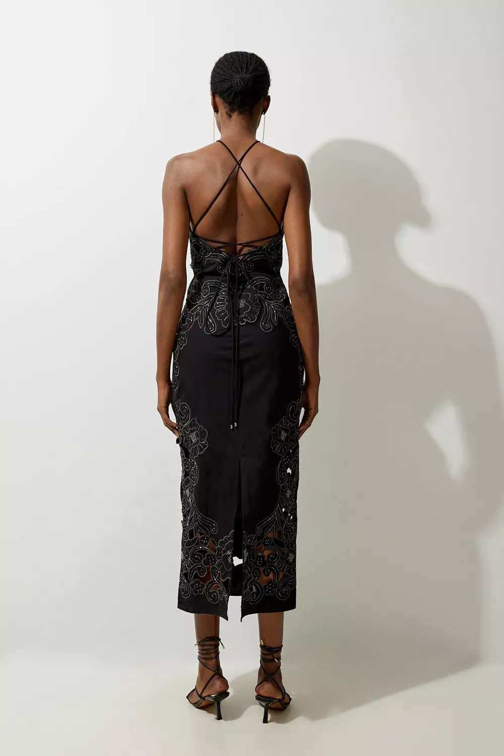 Cotton Quilted Cutwork Beaded Woven Halter Midi Dress