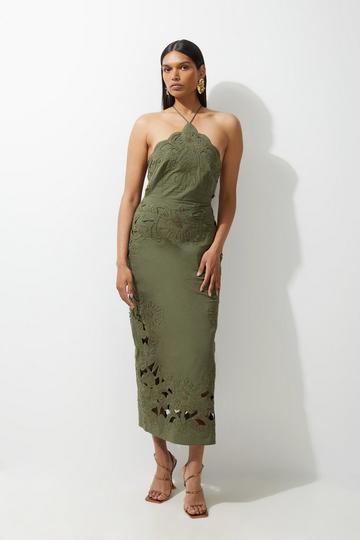 Cotton Quilted Cutwork Beaded Woven Halter Midi Dress sage