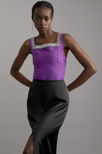 Purple Bandage Figure Form Knit Embellished Square Neck Top