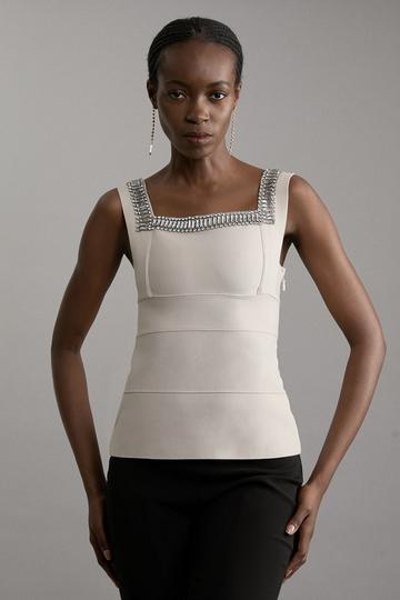 Bandage Figure Form Knit Embellished Square Neck Top stone