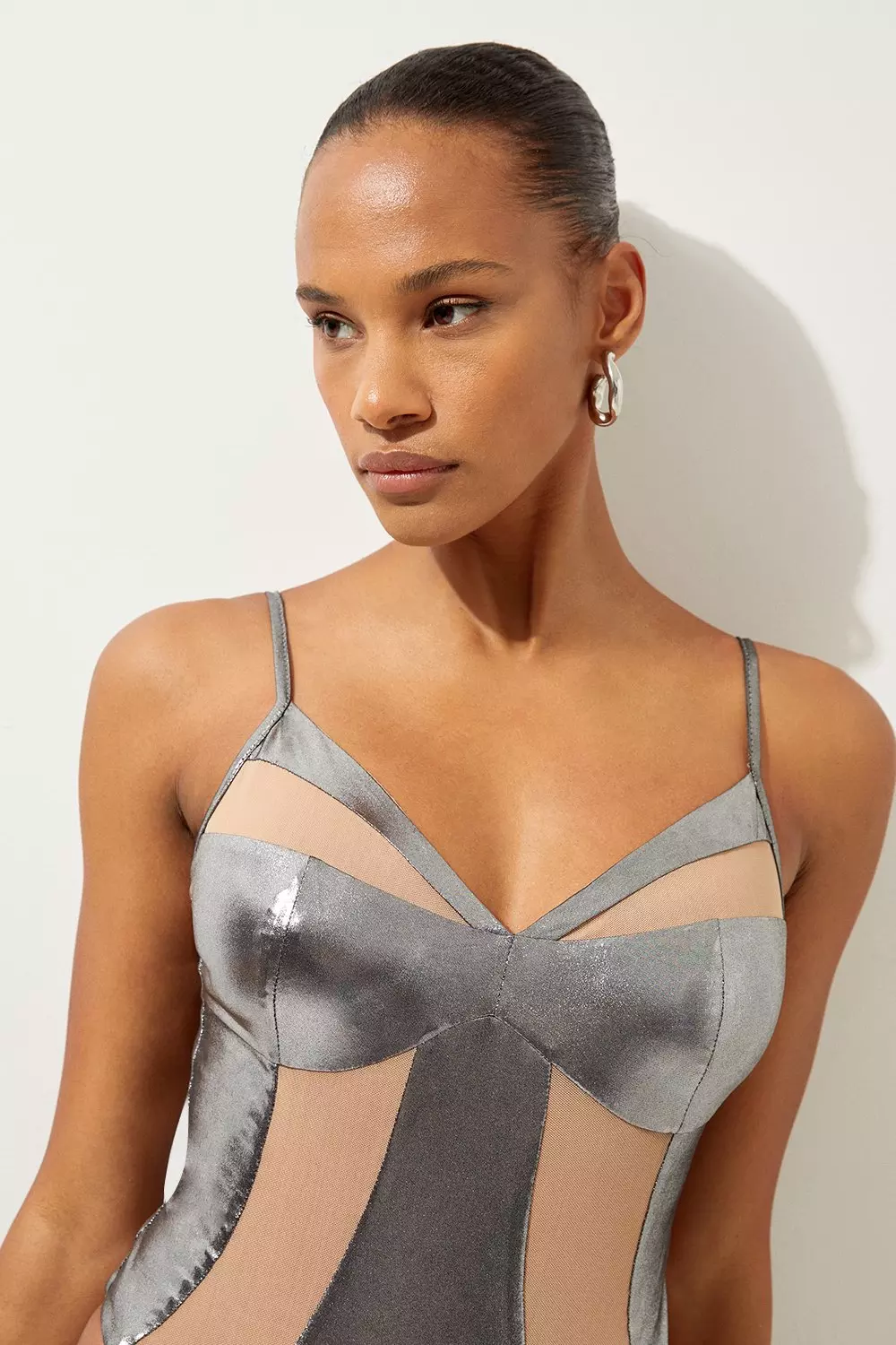 Metallic Mesh Detail Low Back High Leg Swimsuit | Karen Millen