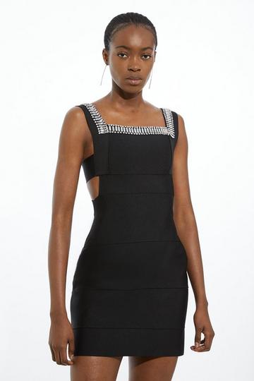 Bandage Figure Form Knit Embellished Square Neck Mini Dress black