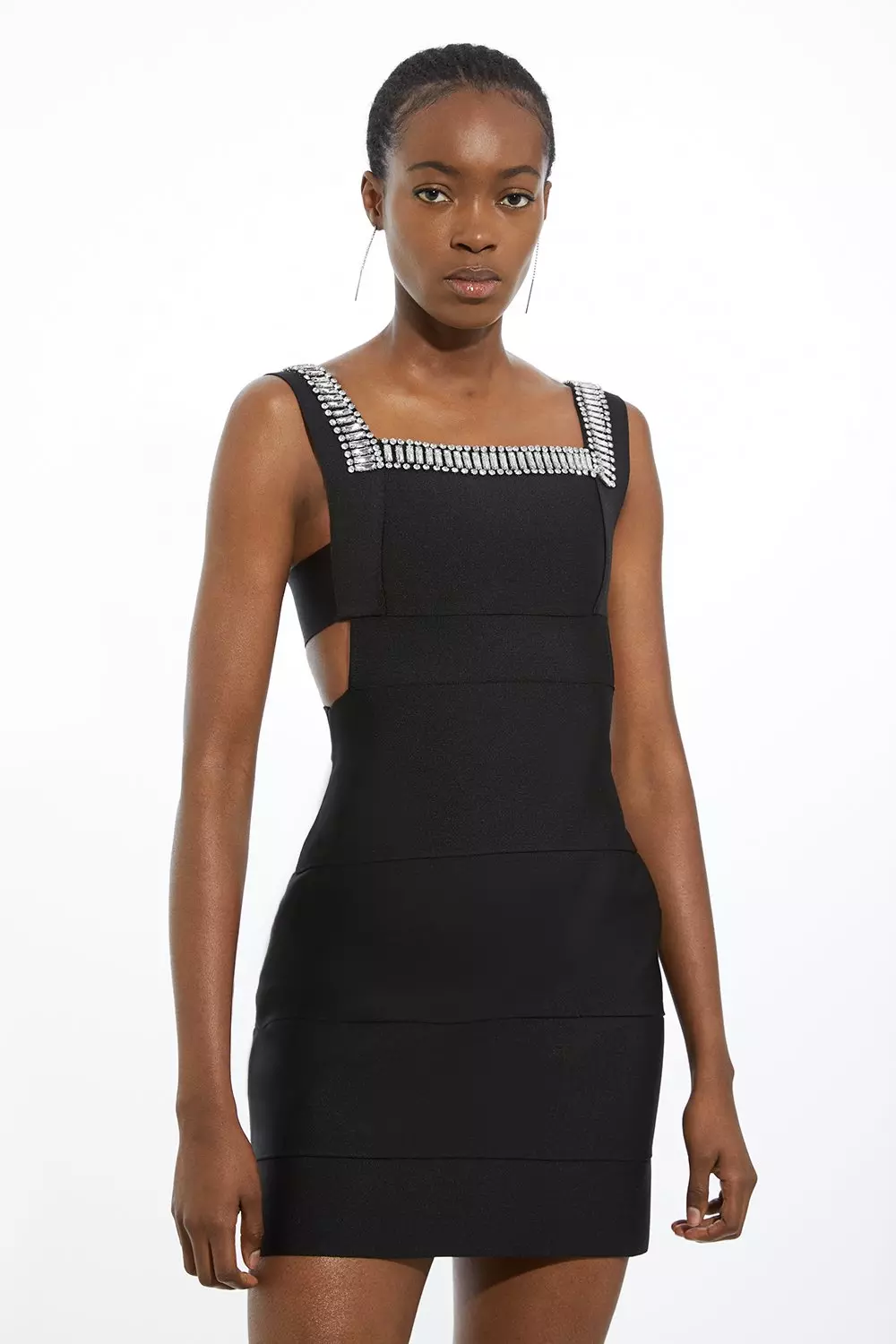 Karen Millen Womens Bandage Figure Form Knit Embellished Square Neck Mini Dress Black Size Xs