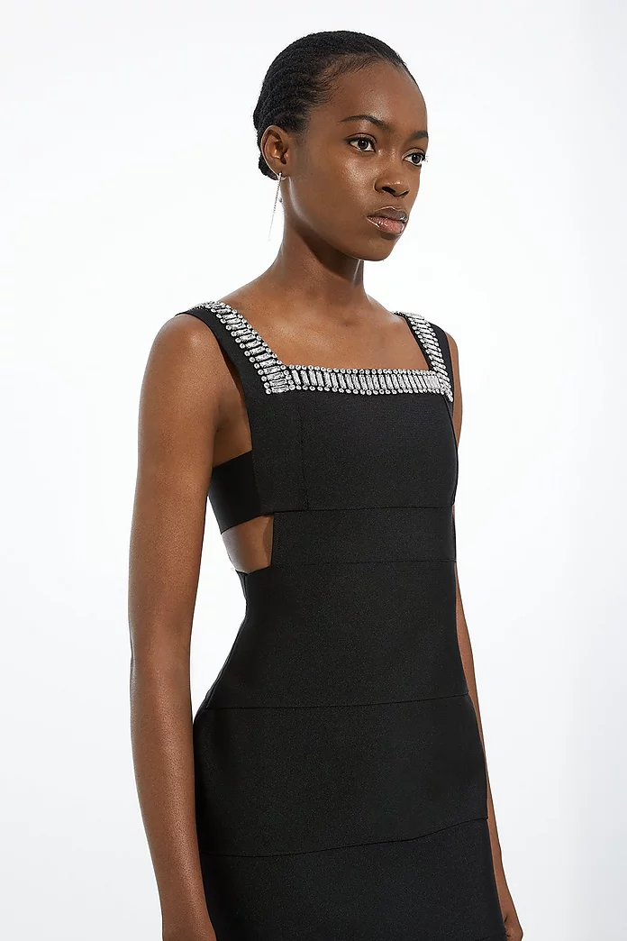 Bandage Figure Form Knit Embellished Square Neck Mini Dress Bandage Figure Form Knit Embellished Square Neck Mini Dress
