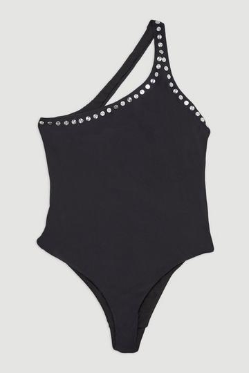 Black Stud Detail One Shoulder Swimsuit