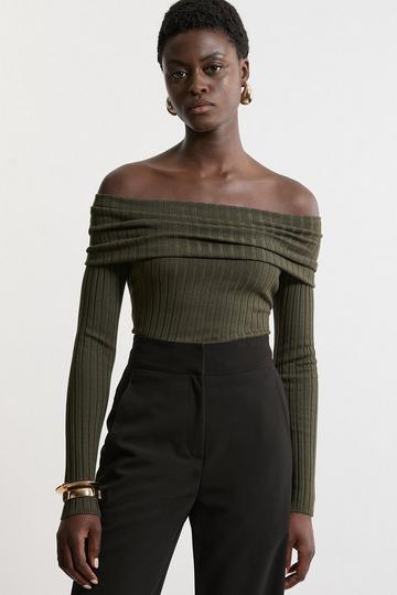 Viscose Blend Bardot Knit Jumper olive