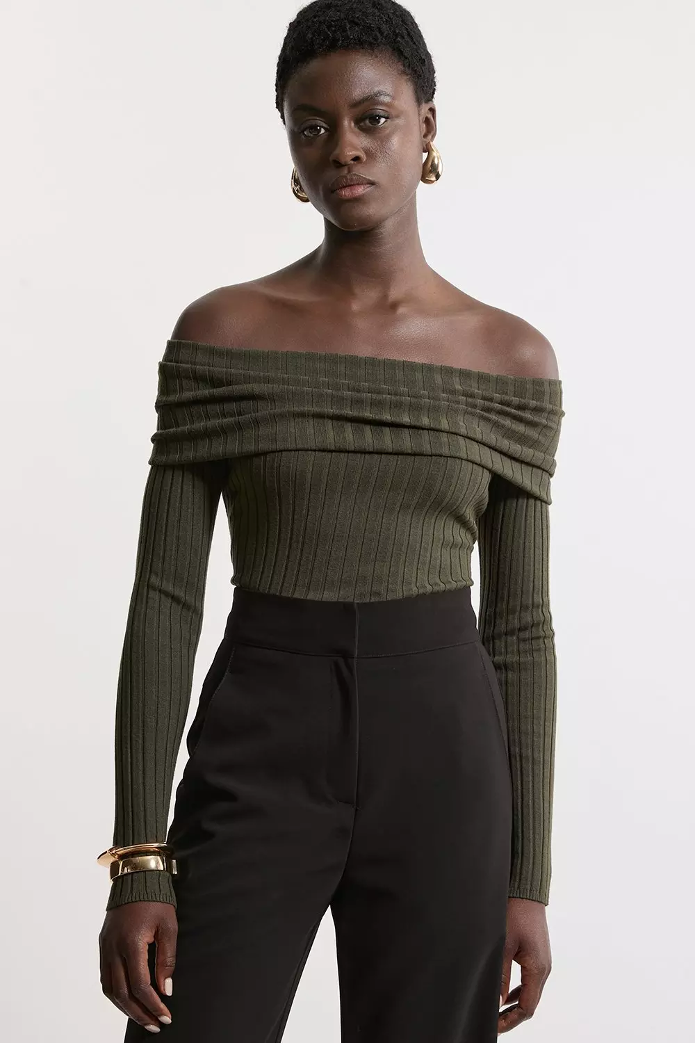 Karen Millen Womens Viscose Blend Off The Shoulder Knit Sweater Olive Size M