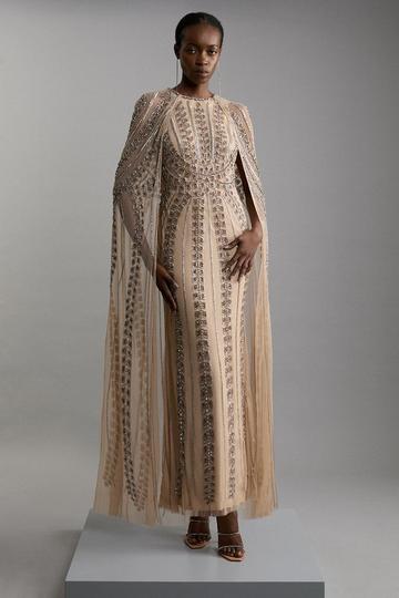 Premium Embellished Cape Maxi Dress nude