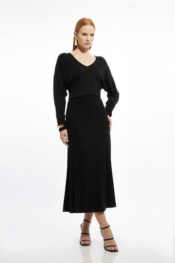 Black Viscose Blend V Neck Knit Midi Dress