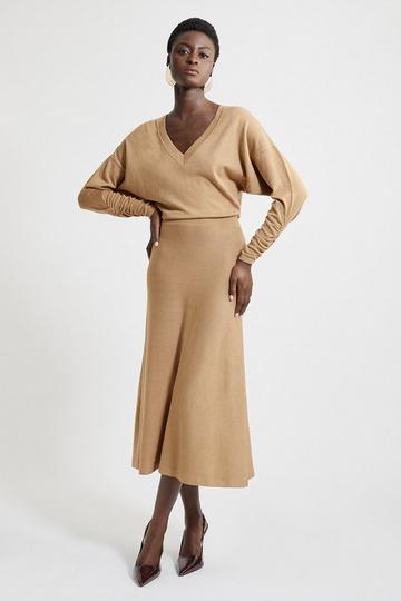 Viscose Blend V Neck Knit Midi Dress camel