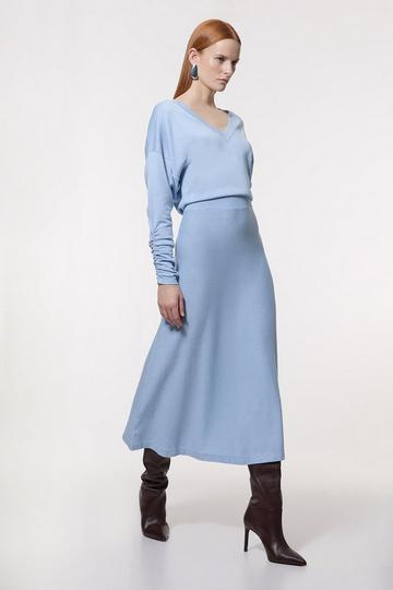 Viscose Blend V Neck Knit Midi Dress pale blue