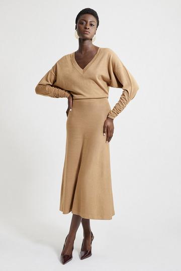 Petite Viscose Blend V Neck Knit Midi Dress camel