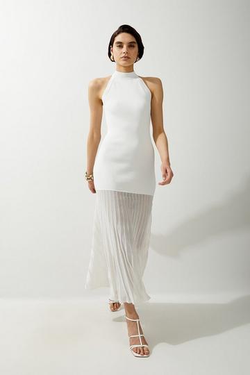 Cream White Viscose Blend Knit Halter Neck Sheer Skirt Midaxi Dress