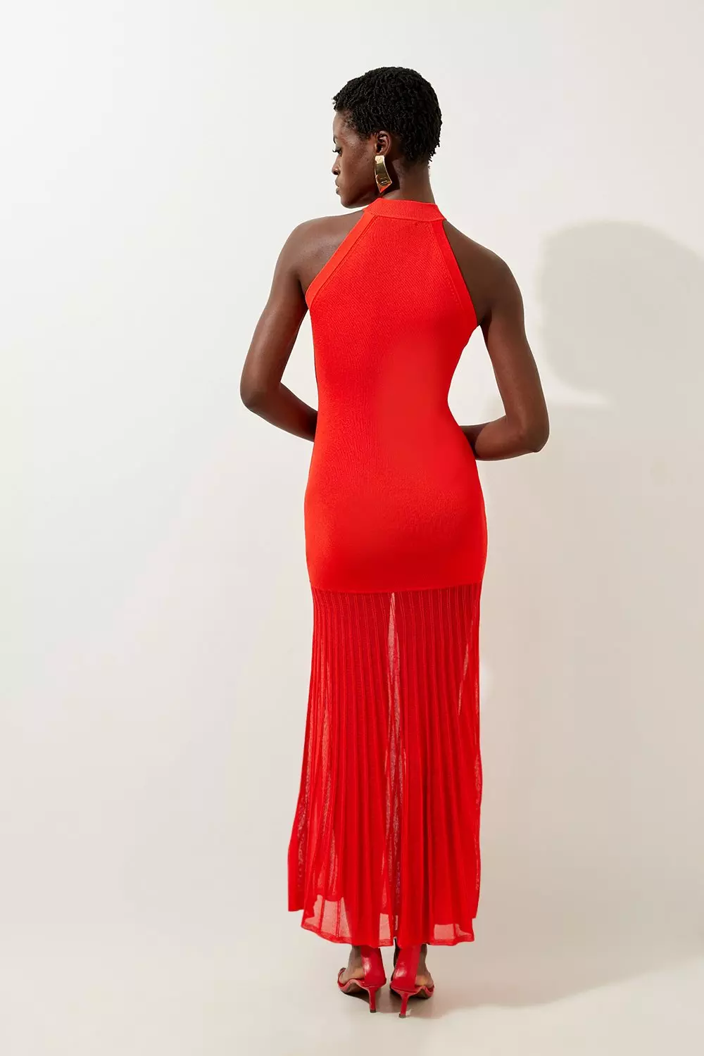 Viscose Blend Knit Halter Neck Sheer Skirt Maxi Dress