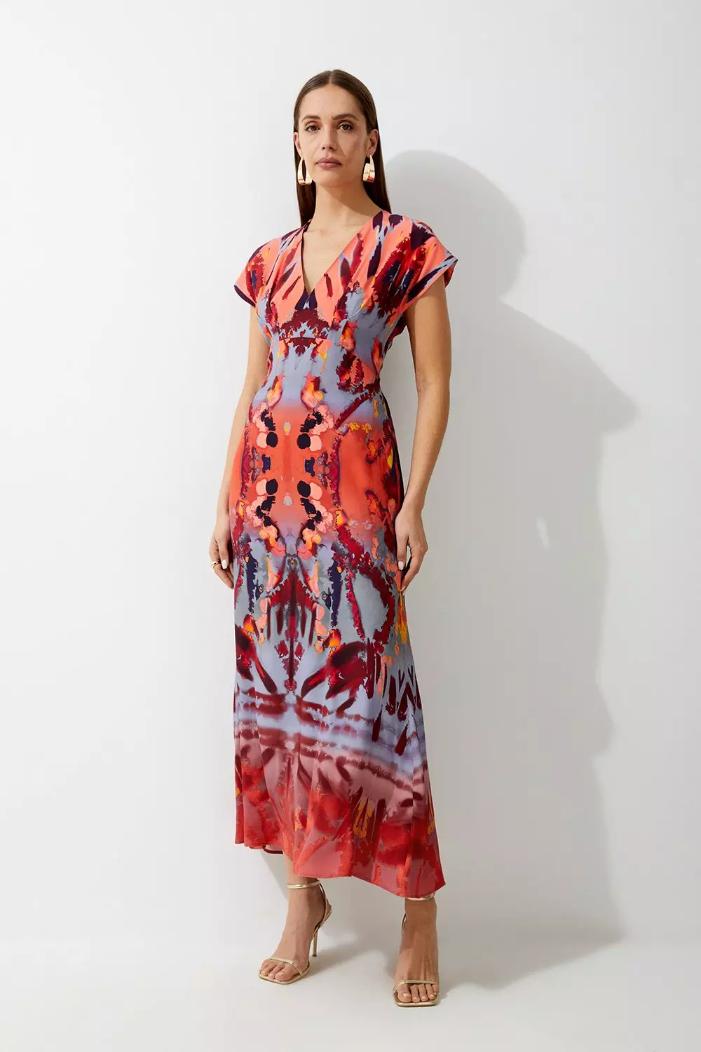 Petite Mirrored Print Satin Crepe Angel Sleeve Woven Maxi Dress Karen Millen