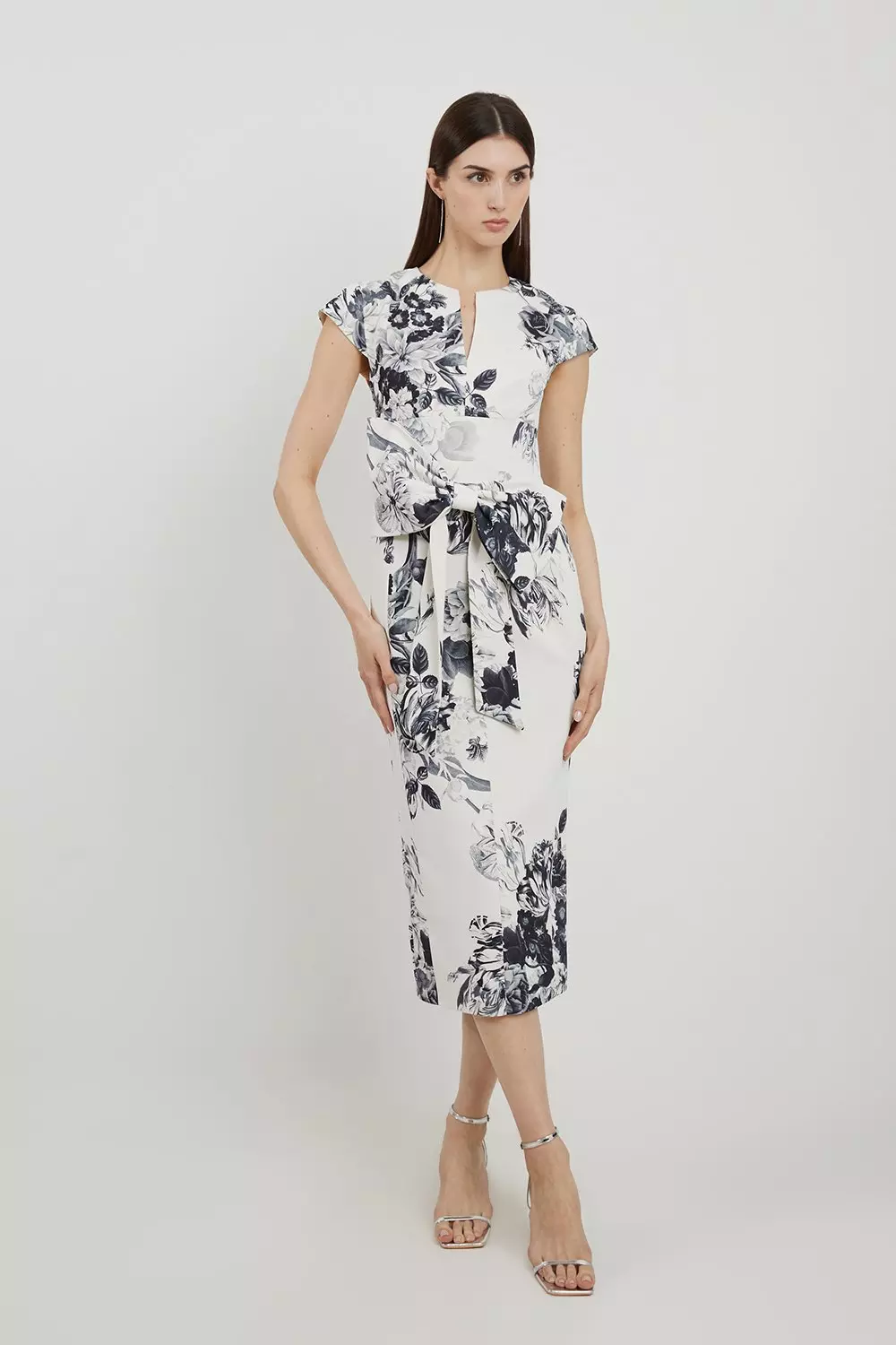 Tailored Crepe Mono Floral Bow Detail Midi Dress Karen Millen