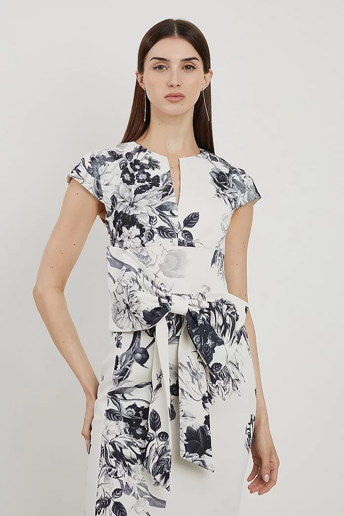 Tailored Crepe Mono Floral Bow Detail Midi Dress | Karen Millen Tailored Crepe Mono Floral Bow Detail Midi Dress | Karen Millen